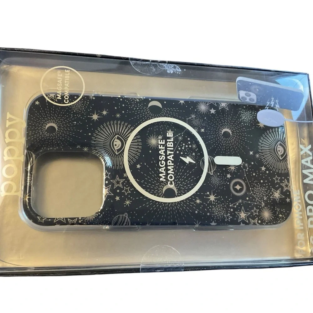 Poppy iPhone 16 Pro Max MagSafe case. Black & metallic celestial design. NIB